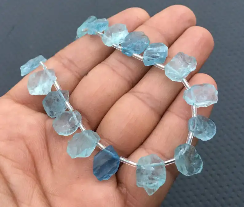 Natural Blue Aquamarine Gemstone Uneven Shape Side Drilled Rough Top Quality 1 Strand March Birthstone