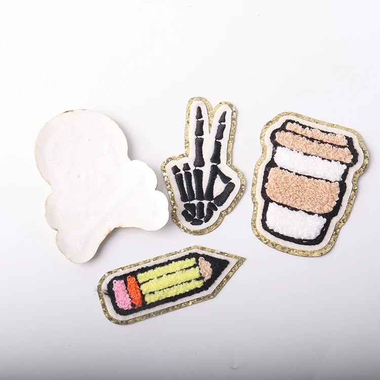 Custom logo small embroidery patches iron on hand claw shape coffee skeleton pencil Halloween chenille patches for hat clothing