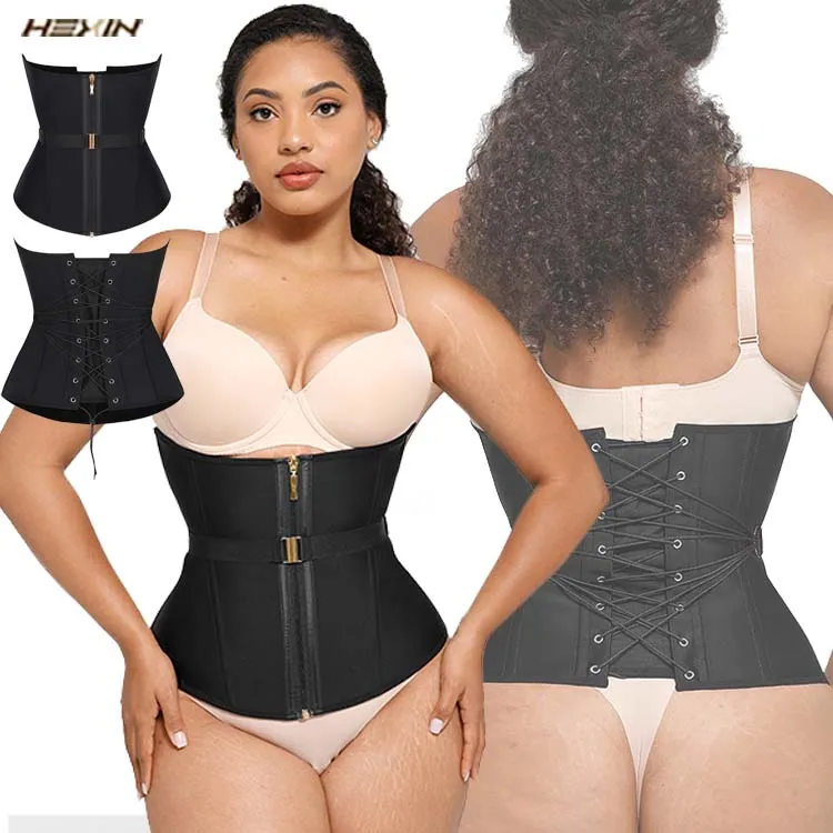 Hexin Wholesale 2024 Adjustable Steel Bones Latex Fan Lacing Tummy Trimmer Slimming Waist Trainer Corset Body Shaper Girdles