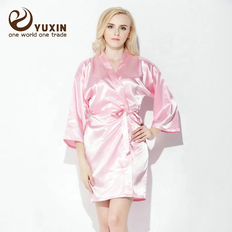 Women Satin Robe Wholesales Chinese Silk Sleepwear Short Knee Length Flower Girl Bride Robe 6010