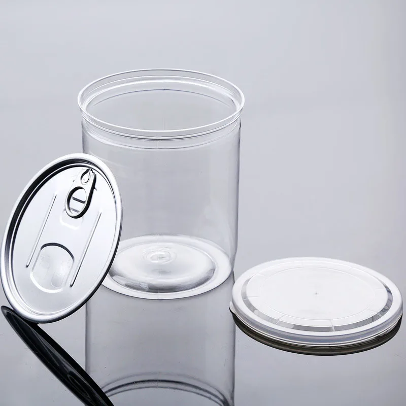 Round plastic pet easy open can Transparent food grade jar with sliver aluminum cap