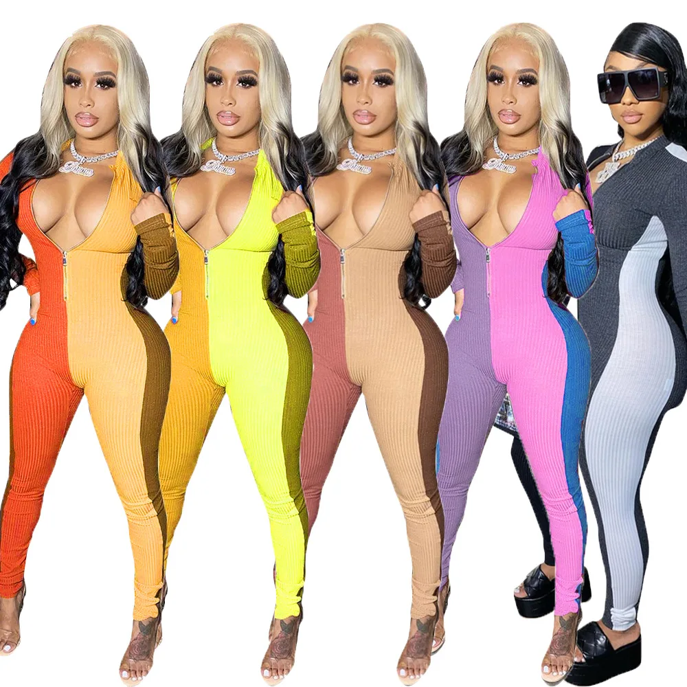 Цельный комбинезон в стиле пэчворк, цветной облегающий спортивный костюм на молнии для фитнеса, женский комбинезон, зимние комбинезоны для женщин, Новое поступление 2020