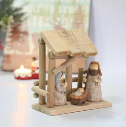 Christmas manger figures with wooden house Nativity ornaments home living room table top holiday decoration gift