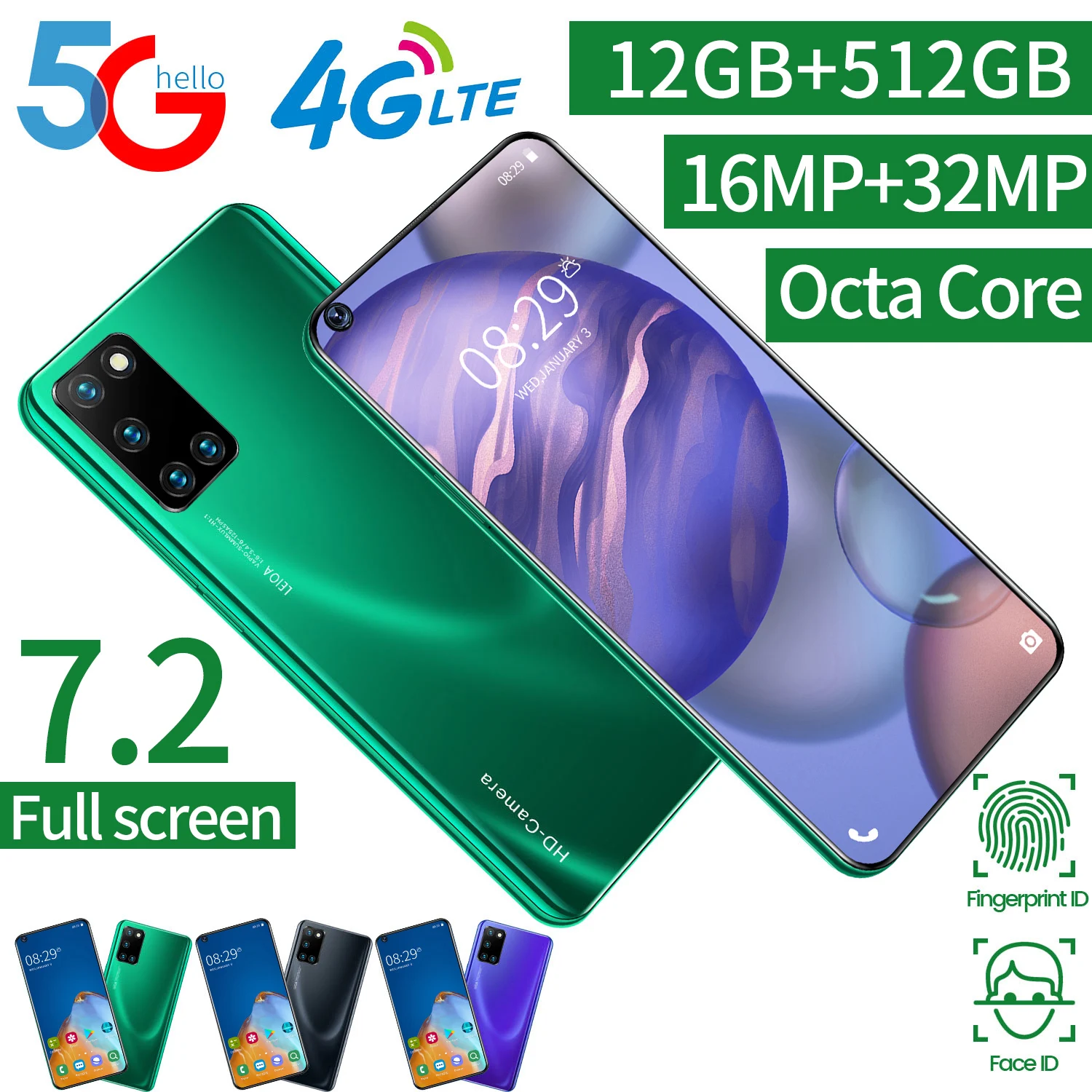  P47 7 2 дюймов 16MP + 32MP 8 ГБ 256 Гб 5G смарт-сотовых телефонов с функцией распознавания лиц большой аккумулятор для мобильных устройств Android