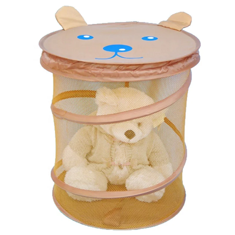 New arrival 2021 wholesale custom cartoon bear LOGO printed pop up folding mesh net pop up clothing basket laundry