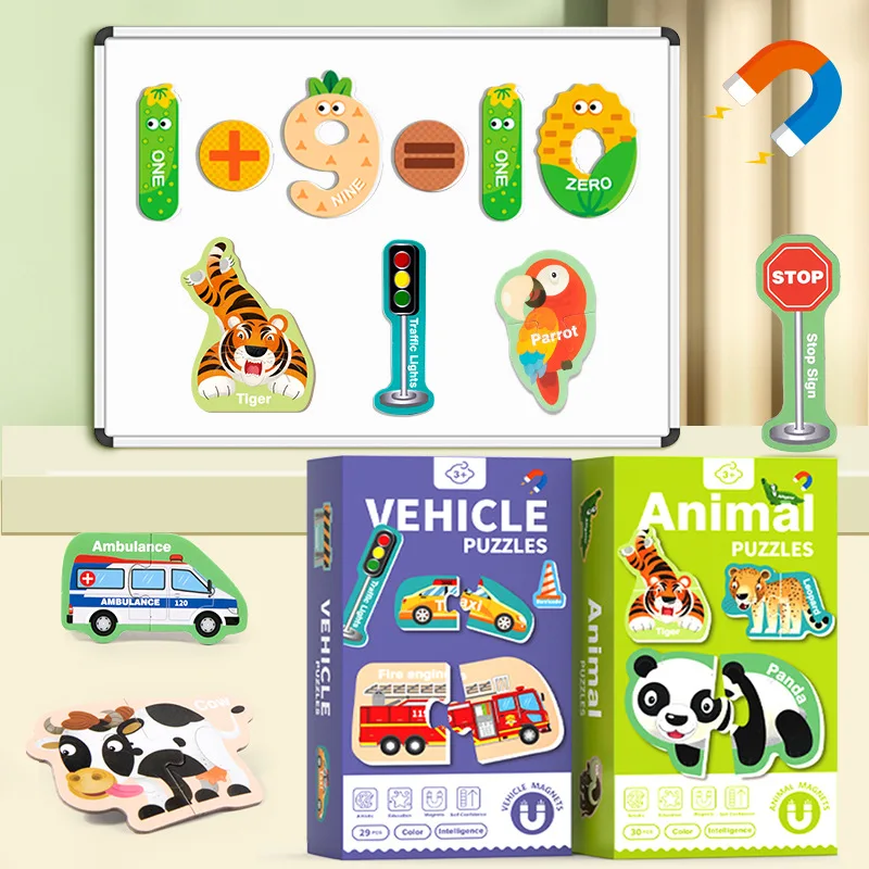 Wholesale Cartoon Animal Magnetic Jigsaw Puzzles Toy Montessori Kids Alphabet Letter Number Funny Learning Wooden Puzzle Toys