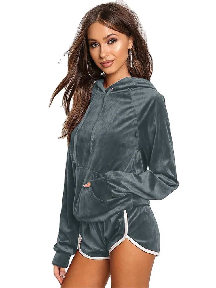 Customize 2023 Fall Sexy Hoodie Velvet Woman Sleepwear Two Piece Pajamas For Women Set