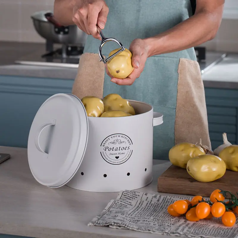 Farmhouse Round Metal Vegetable Bin Kitchen Potatoes Onion Garlic Storage Box kitchen garlic potato onion keeper Container