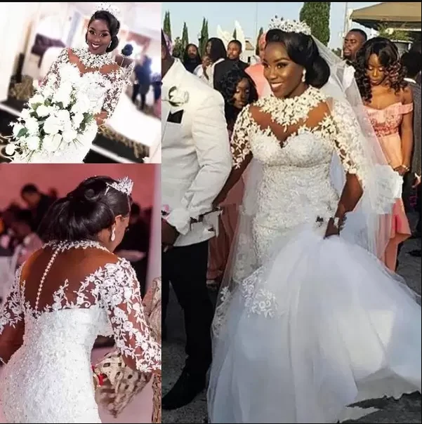 Fashion Plus Size African Mermaid Vestidos De Novia Illusion Long Sleeve Lace Applique High Neck Wedding gown MW74
