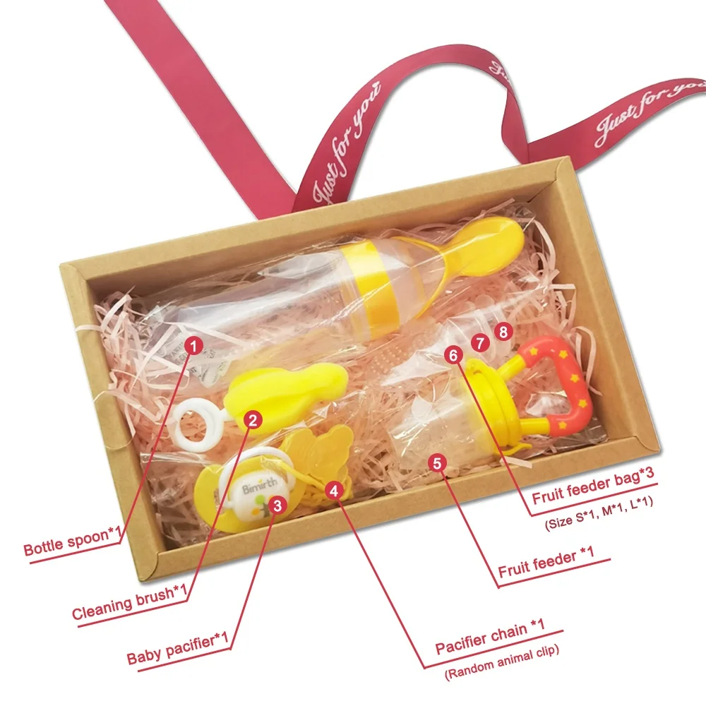 Baby Shower Gift Box Pack Cereal feeder Bottle Spoon Silicone Squeeze 8pcs Fruit Feeder Newborn Pacifier Chain Clip Gift Set