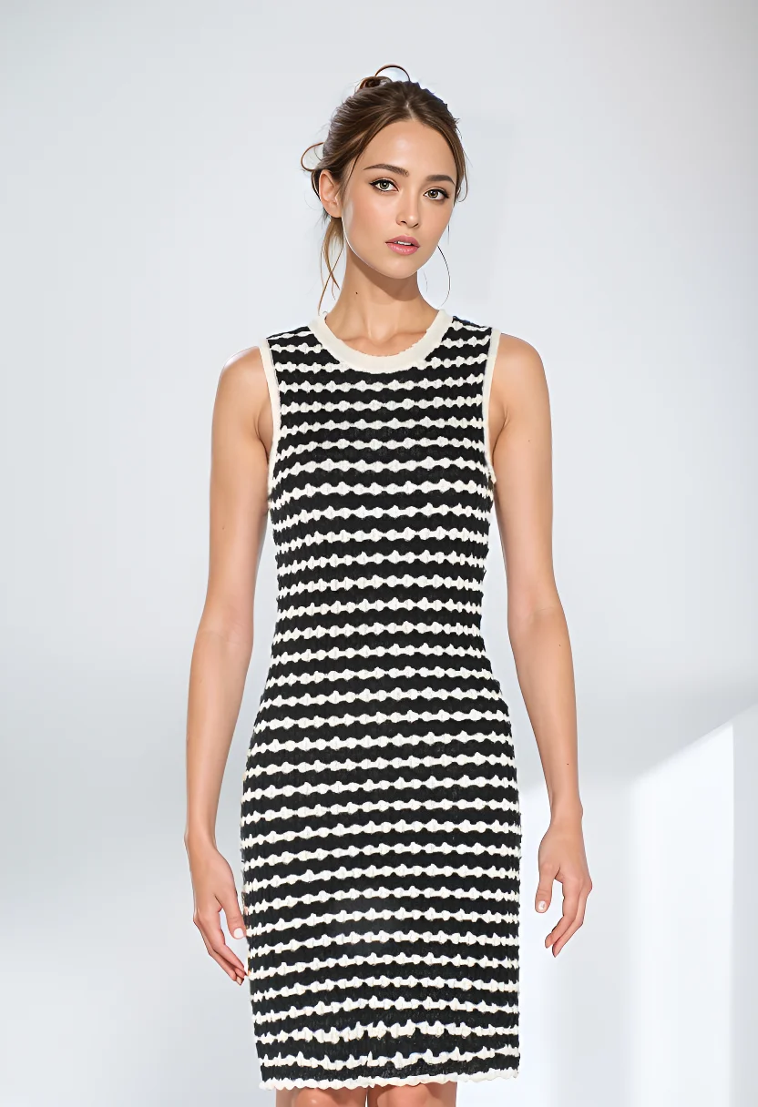 Fast Designer Custom Sweater Dress Crew Neck Ruched Sleeveless Contrast Color Striped Pattern Knitted Dresses Women