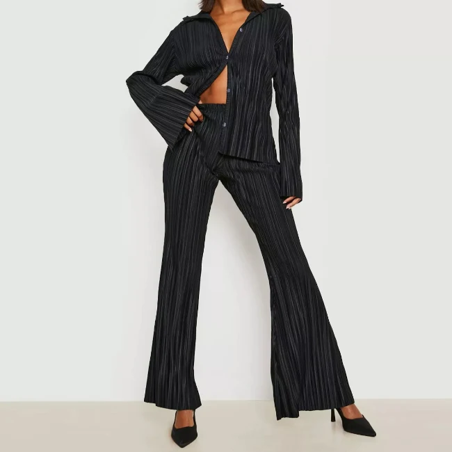 Spring Fall Stylish Plisse Outfits Women Drop Shoulder Shirt And Wide Leg Flared Pants Two Pieces Set