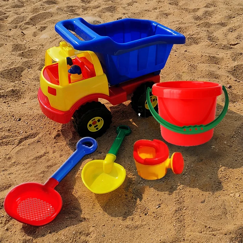 Summer Plastic Beach Sand Toy Set With Truck, Water Can, Shovel & Mold Outdoor Toys for Kids Smooth Edge