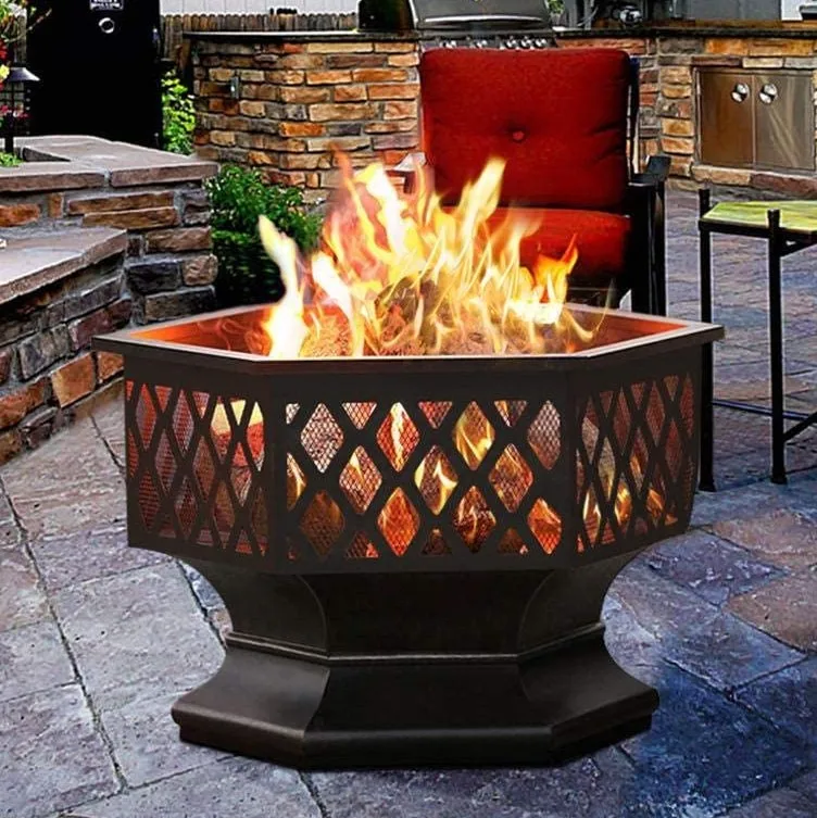 Best choice Hex-shaped steel fire pit 26in 28in 30in for garden, backyard, poolside lid fire pits wood burning outdoor