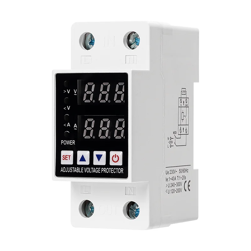 ETEK EKVAP-40 230VAC 40A, Double LED Display Smart Single Phase Adjustable Over-Voltage Under-Voltage Current Protector