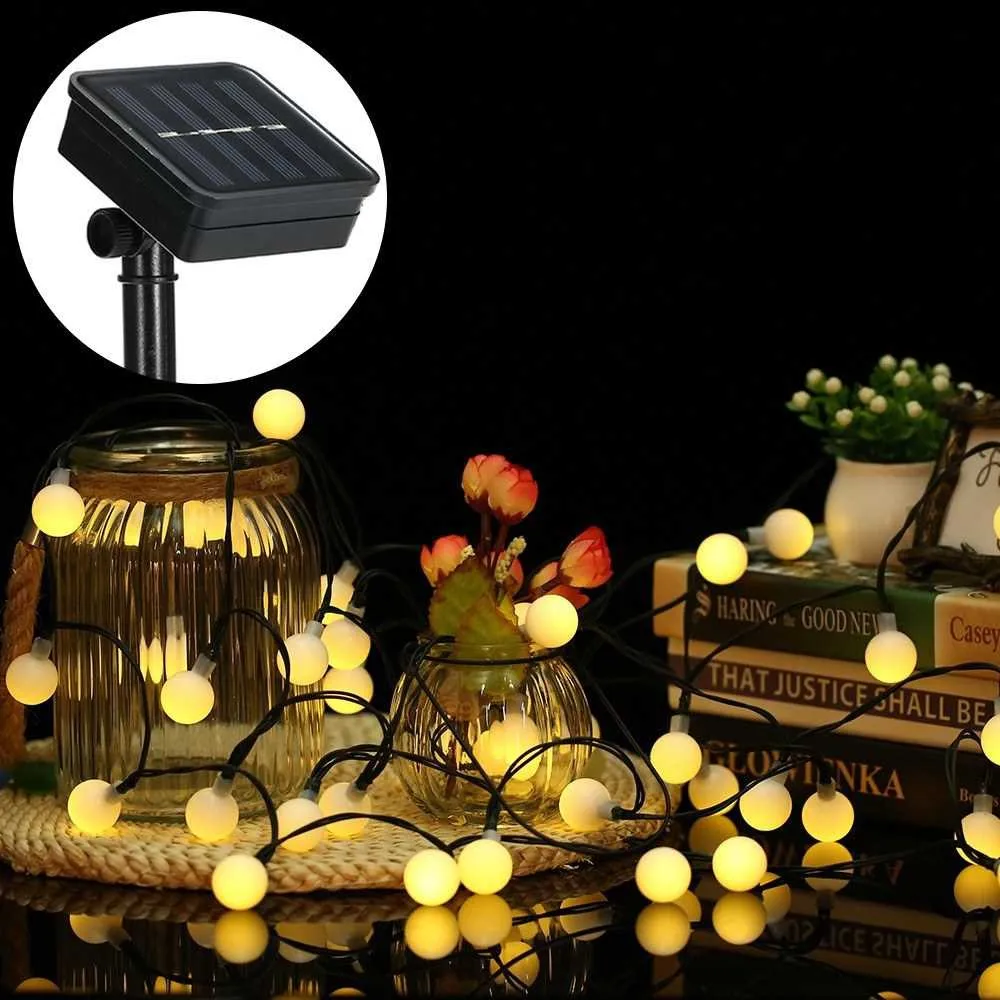 50LED White Ball Outdoor Christmas Lights String Warm Holiday Lights String Fairy Door Garden Solar Light