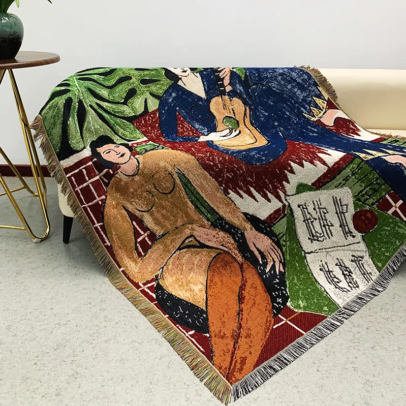 Ins Recycled Cotton Boho Rug Jacquard Custom Woven Blanket Tapestry Picnic Blanket for Camping Hiking