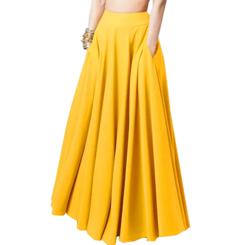 Women Spring Sundress Fashion Maxi Skirts Elegant Long Party High Waist Solid Robe Beach maxi elastic waist pleated skirt