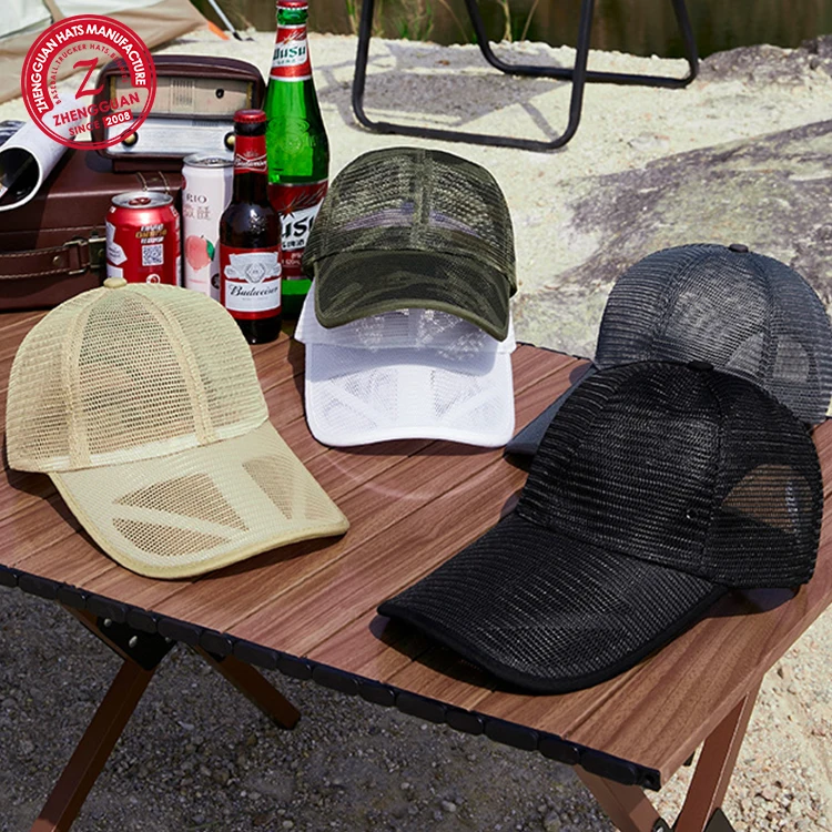 Wholesale Custom Nylon Performance Sport Baseball 6 Panel Cap Solid Plain Classic Breathable Full Mesh Trucker Hat