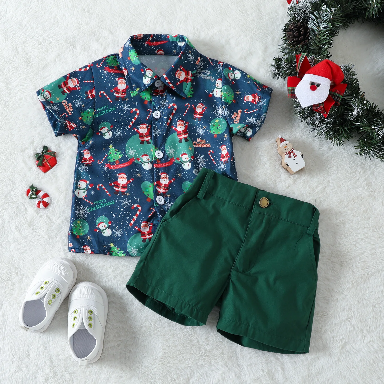 New Pattern Autumn Shorts Set Clothes Short Sleeve Short Pants Christmas Costumes Boy Shirt Suit