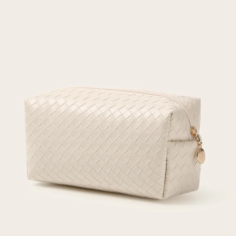 Portable travel PU woven pattern zipper makeup bag brown cosmetic bags