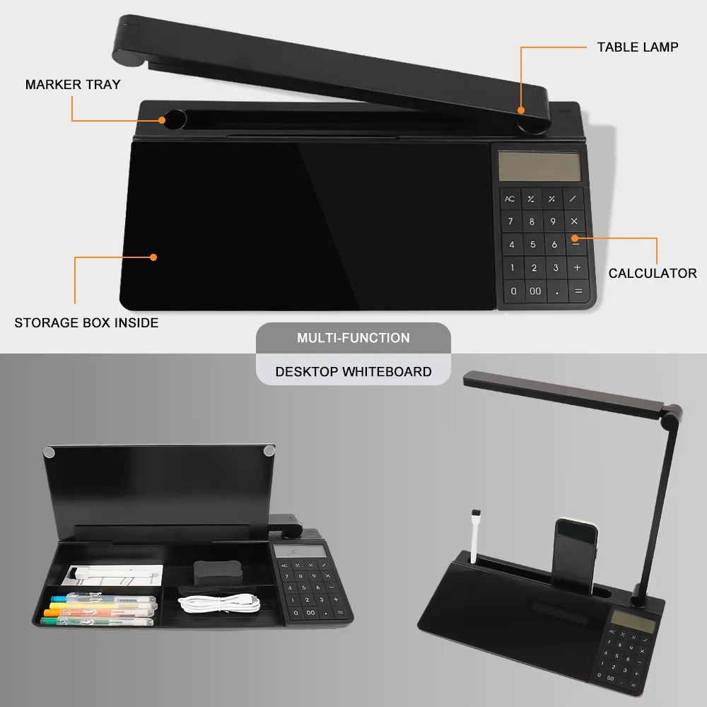 Customize Logo Dry Erase Black Glass Desktop  Keyboard Whiteboard Calculator Notes With Lamp
