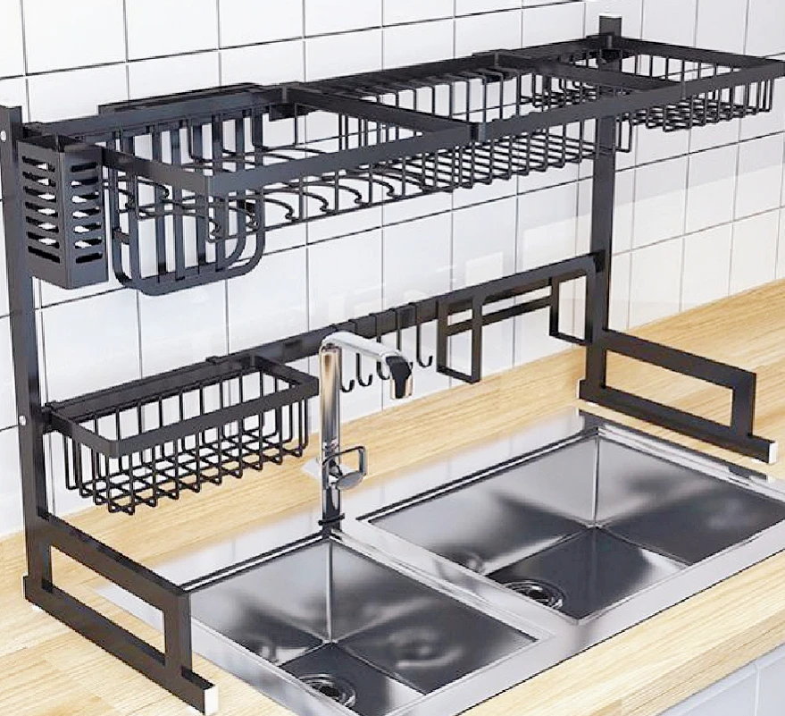 Durable Kitchen Multipurpose Stainless Steel Storage Over Sink Dish Drying Metal Drainer Storage Rack