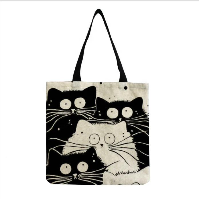 KY Customized Cute Cat Printing Women Handbag Linen Totes with Print Logo Casual Traveling Beach Bags