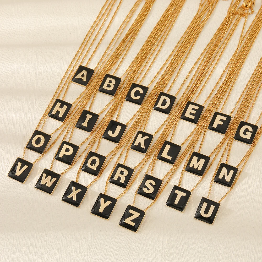 fashion trendy simple jewelry small black squares 26 initials letter necklace pendant women