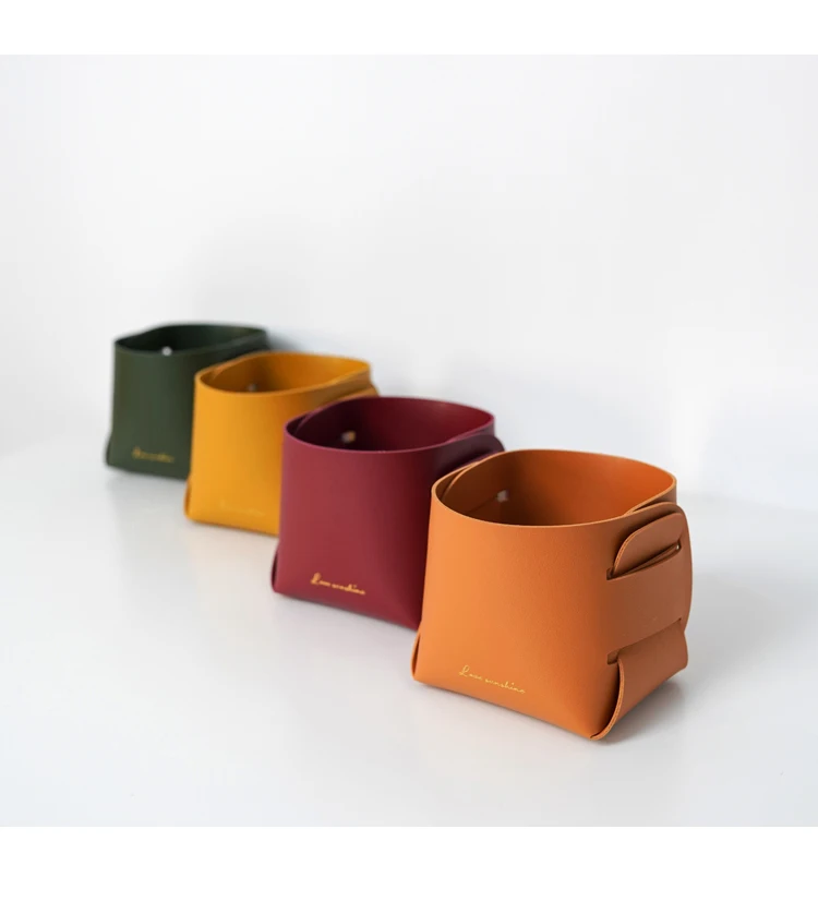 Small Basket Bin Leather Storage Basket, Foldable Shelf Desk Organizer Trays for Living Room, Office, Nursery, Home Decor