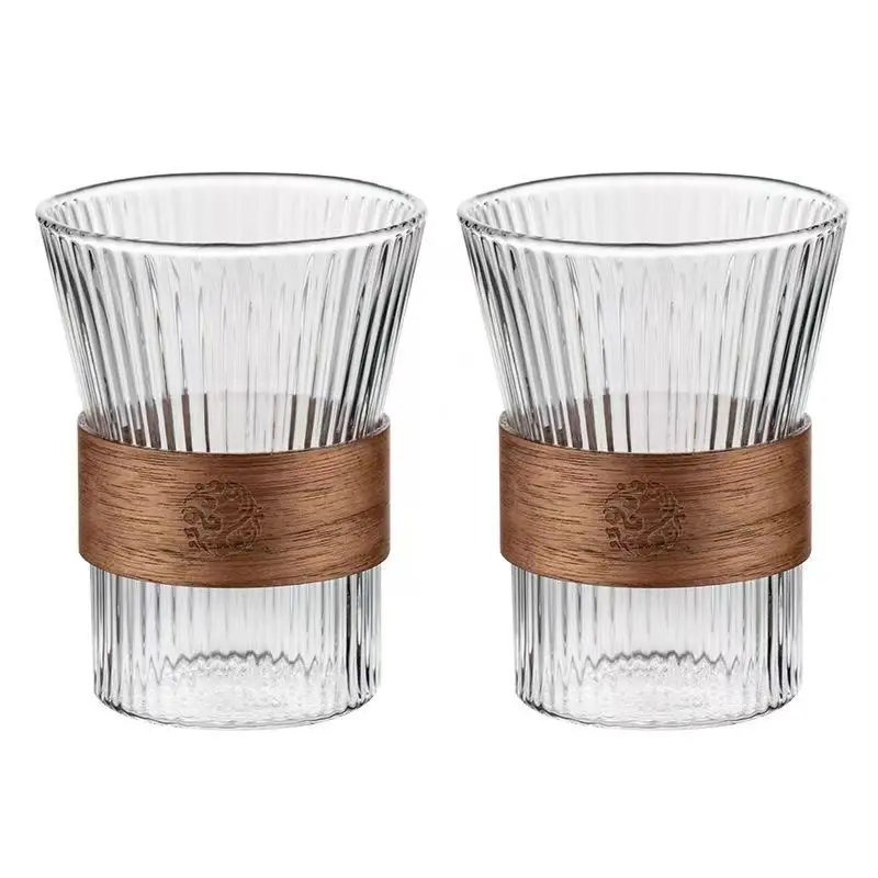 Glass Coffee Mugs Wide Mouth Mocha Hot Beverage Mugs ,Clear delicate stripes Cups with wooden anti-skid ring