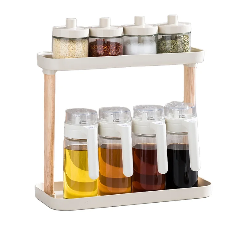 Pinmoo wholesale kitchen accessories 550ml olive oil and vinegar dispenser and spice jar set with wooden storage holder