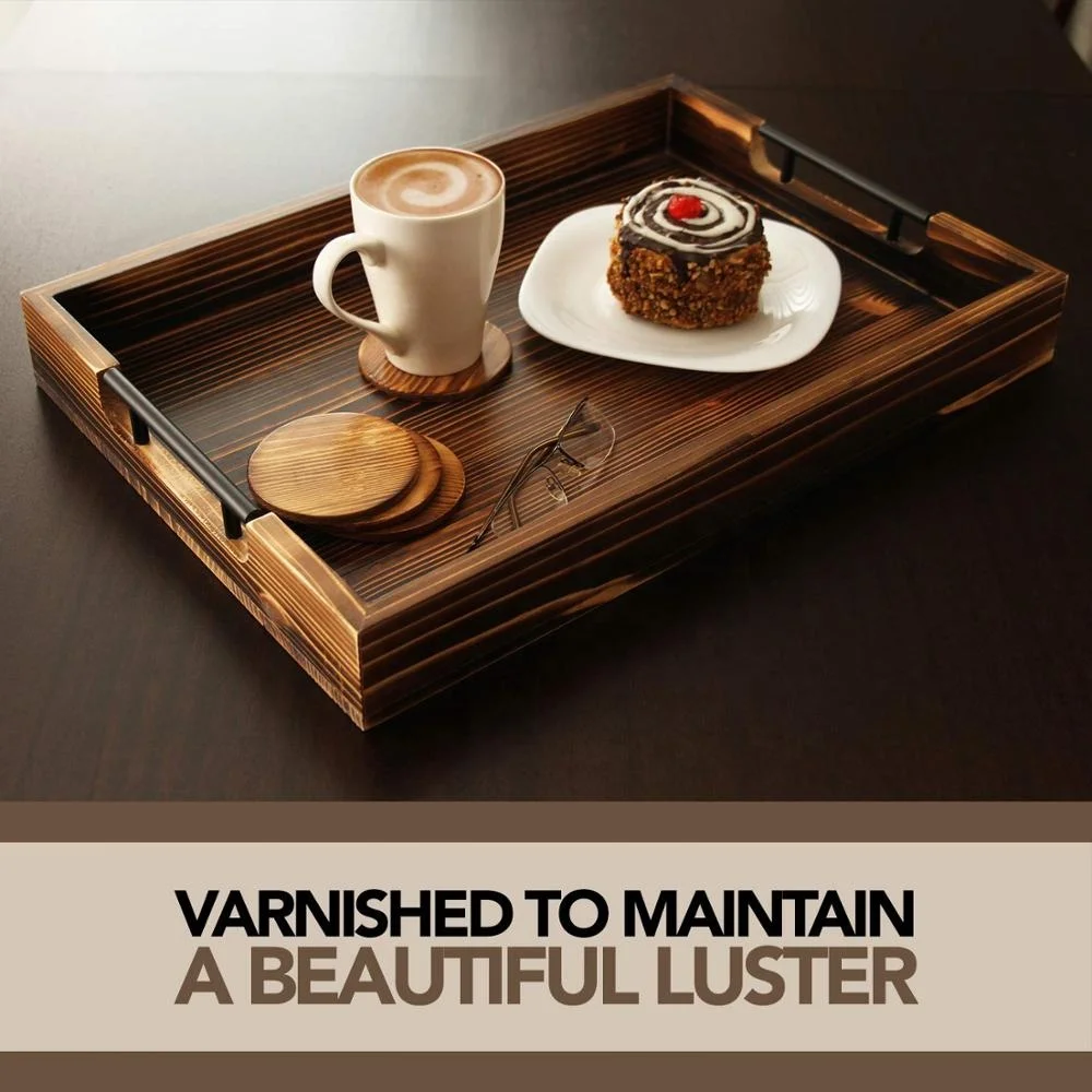 Large Wooden Serving Tray with Metal Handles Includes Set of 4 Coasters This 20x14 Ottoman Tray Known as Coffee Table Tray Decor