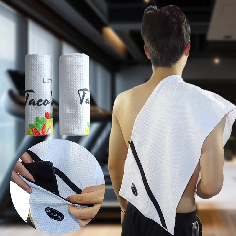 Eco Friendly High Absorbent Quick Drying White Fitness Towel Custom Logo Gym Sport Waffle Microfiber Towels With Zip Pocket