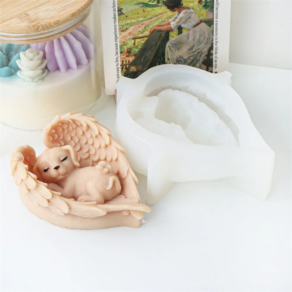 DIY Wholesale 3D Angel Dog Animal Candle Moulds Sleep Puppy moldes de silicona para velas Wings Kitten PlasterCat Candle Molds