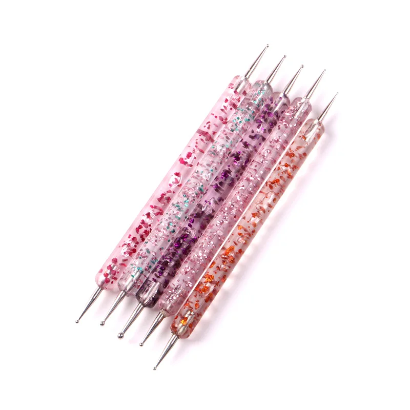 TSZS Professional Colorful Acrylic Nail Art Two Head Brush Dotting Pen 5pcs Set Glitter Handle Nail Picker Dotting Pen Tool
