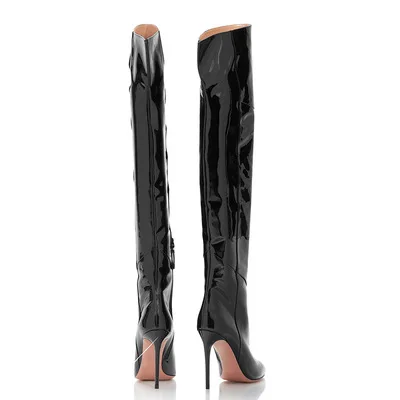 Plus size pink black winter boots pointy spike high heels sexy knee high boots heels