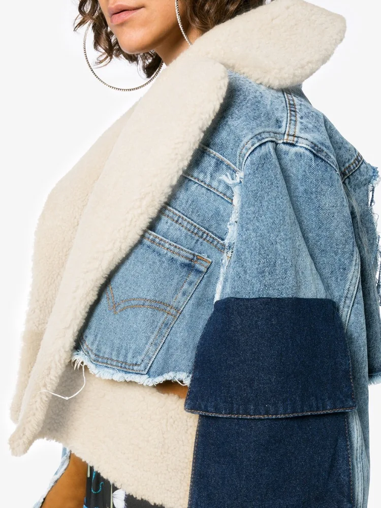 Women Short Denim Jeans Faux Shearling Fur Lined Parkas Lamb Fur Suede Collar Denim Winter Jacket Coat Lady