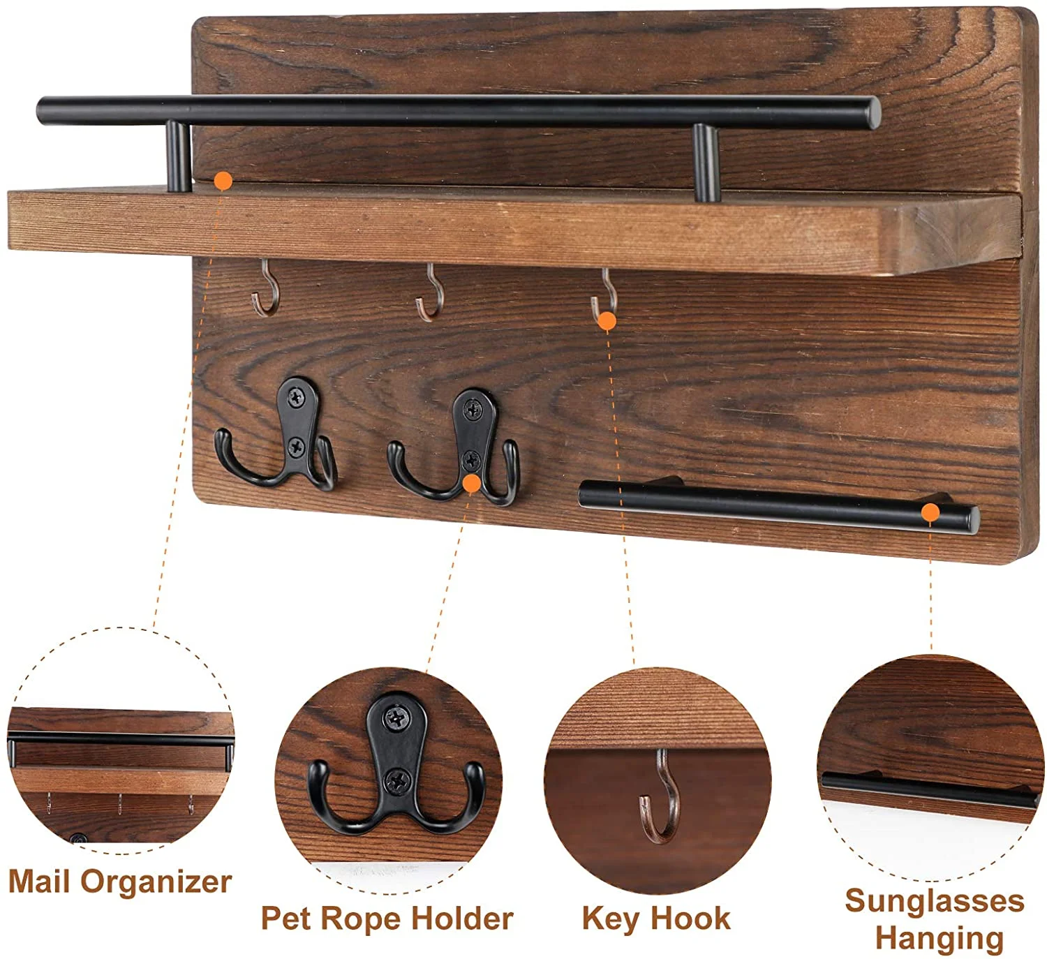 Rustic Wall Mounted Key Rack Wooden Mail Holder Key Holder Rack with 4 Double Key Hooks for Home Decor