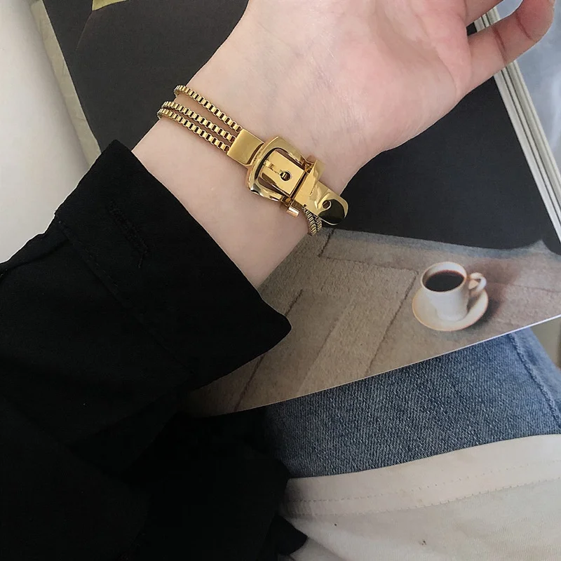 Minimalist punk jewelry women stainless steel 18k gold multi-layer belt buckle charm watch hand bangle bracelets