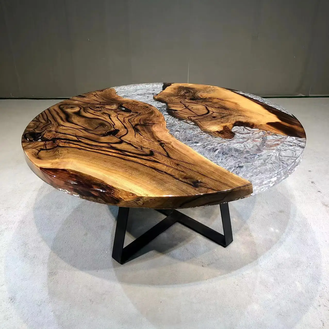 High quality solid wood epoxy resin coffee table Ice grain transparent walnut round table