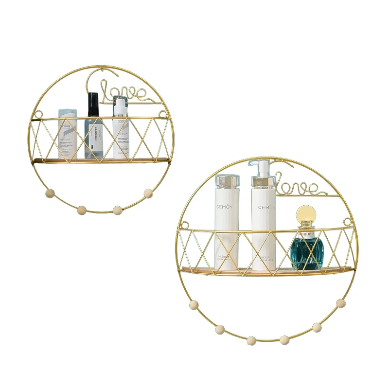 Decorative Round gold metal wire wall multi shelf with wood hook balls for display