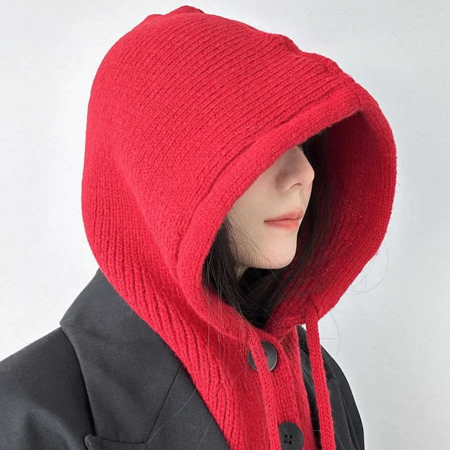 Winter Warm Scarf Hat Integrated Korean Version Solid Color Neck and Ear Protection Knitted Hat Big Head Waist Hat