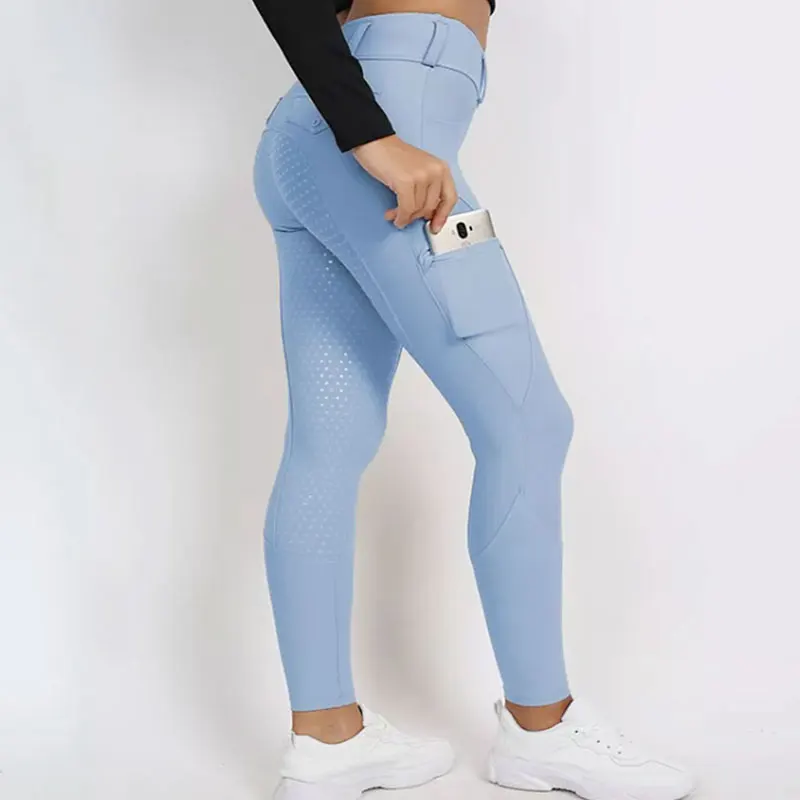Light Blue Equestrian Breeches Ladies Horse Riding Leggings Full Seat Silicone Durable Equestrian Pants With Side Pocket