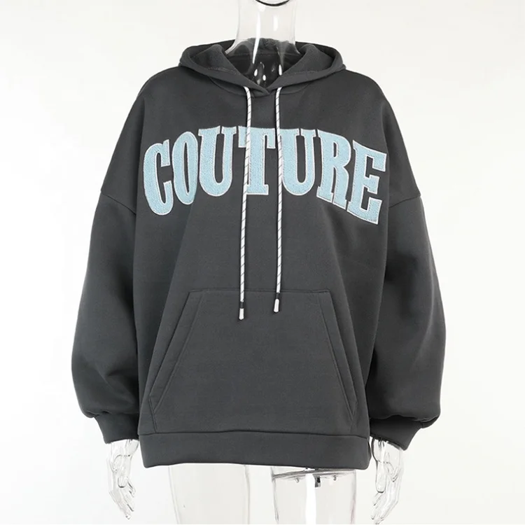 Wholesale Cotton Letters Printing Long Seleeve Gray Loose Drawstring Hoodie Elastic Cuffs Casual Sweatshirts Hoody With Pocket