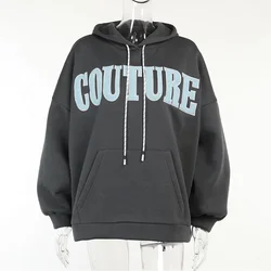 Wholesale Cotton Letters Printing Long Seleeve Gray Loose Drawstring Hoodie Elastic Cuffs Casual Sweatshirts Hoody With Pocket