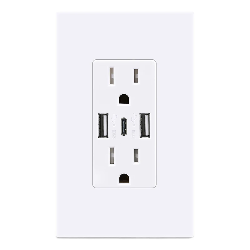 USA GFCI High Quality 2 USB-A 1 USB-C Type C 125V 15A  Switch Wall Socket Receptacles Usb Wall Electrical Outlet
