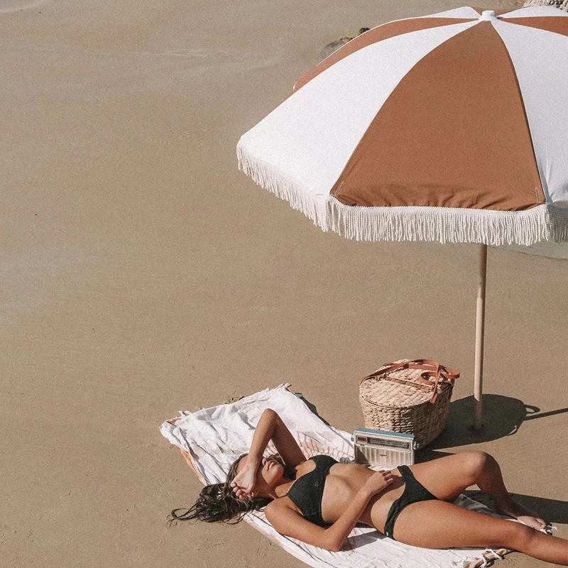 White Boho Patio Macrame Vintage Parasol Beach Umbrella Wooden Pole Tassel Cotton Cloth Bali Beach Umbrellas With Tassels Fringe