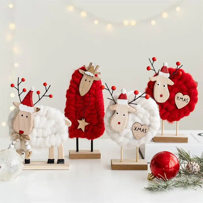 Xmas Gift Idea Window Room Tabletop Decoration Wool Felt Sheep Figure Reindeer Wooden Christmas Ornaments For Home