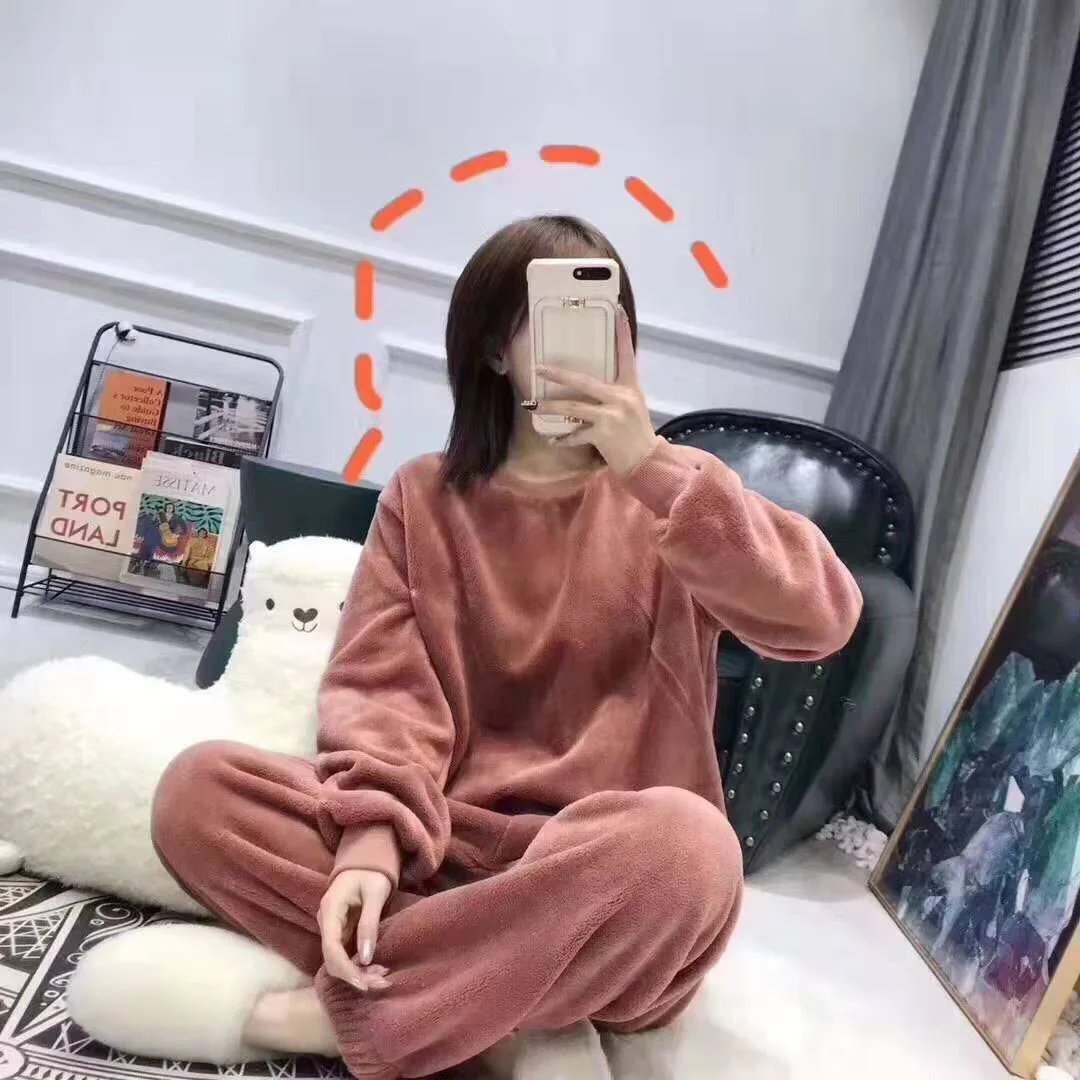 
Factory Price Fall Winter Ladies Coral Fleece Home wear Set Thicken Warm Women Flannel Pajamas 